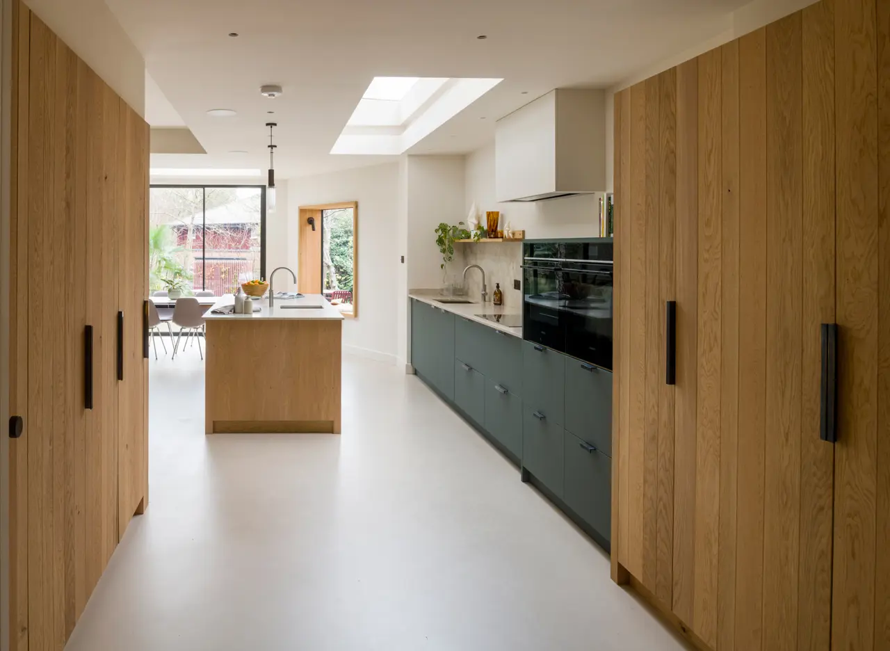 A custom kitchen island in oak veneer with burnished brass hardware and integrated luxury appliances, blending artistry with functionality.