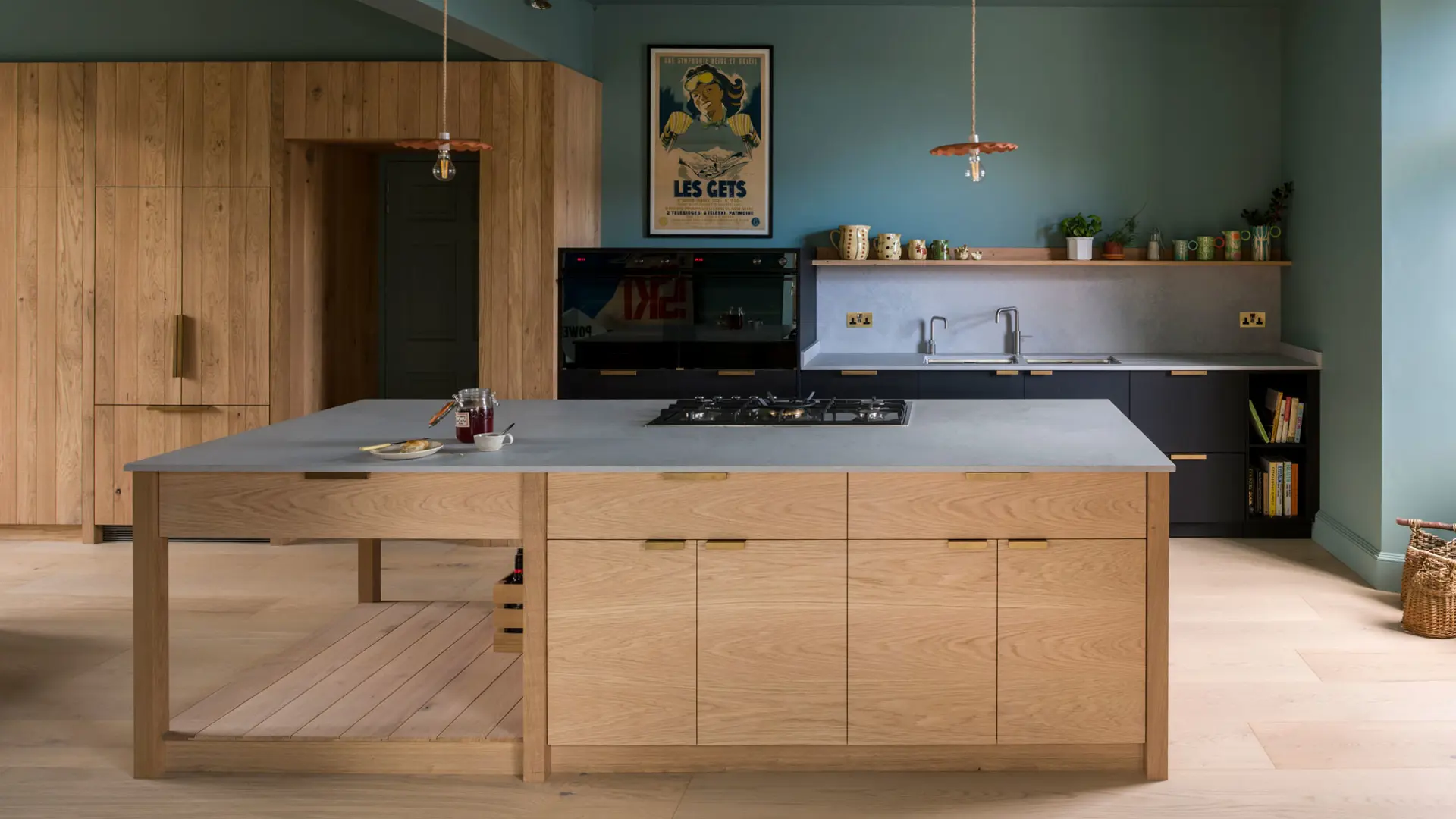 A thoughtfully handcrafted kitchen, blending natural materials with meticulous design, bathed in soft, inviting light.