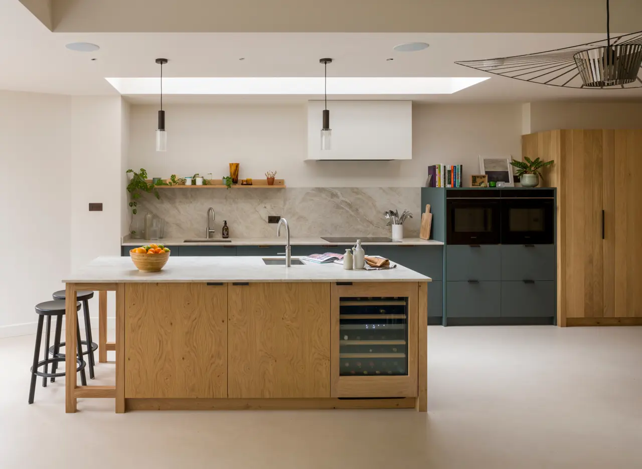 A bespoke handcrafted kitchen in Crouch End, London featuring raw band-sawn oak and smokey green Verde Comodoro Fenix cabinetry.