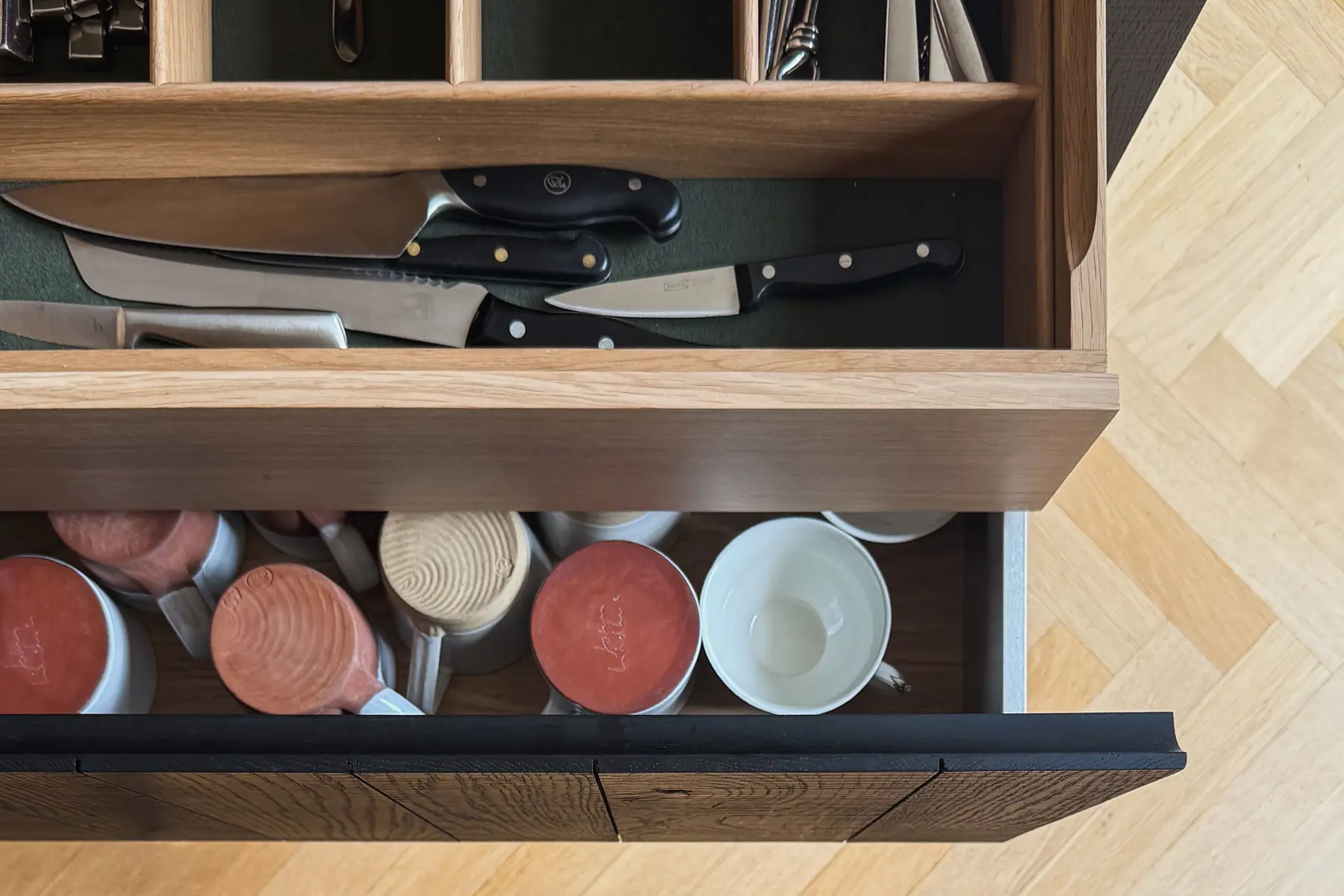 Inside handmade Inglis Hall oak drawers