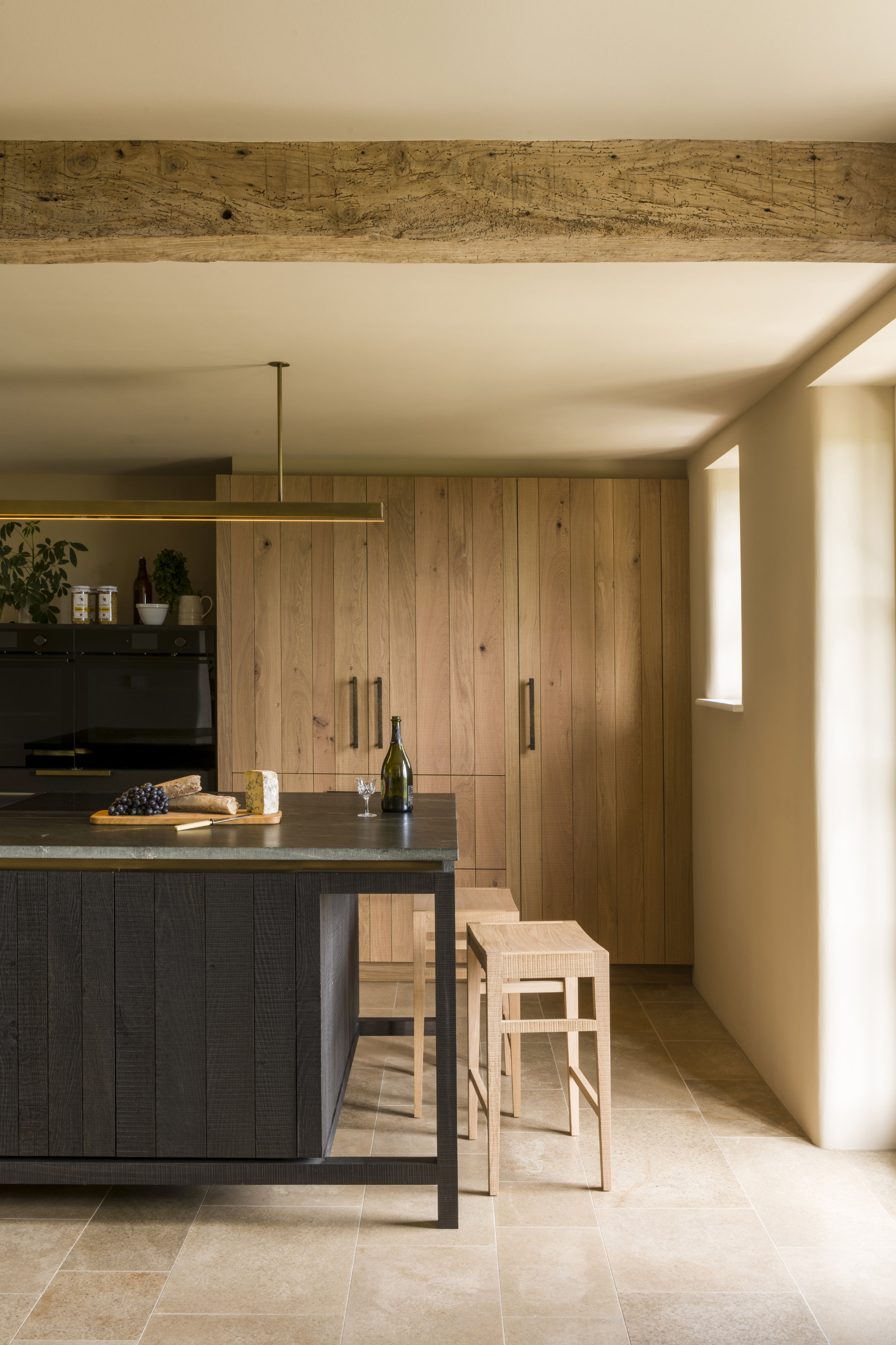 Inglis Hall solid oak stools and brass Parlour Light