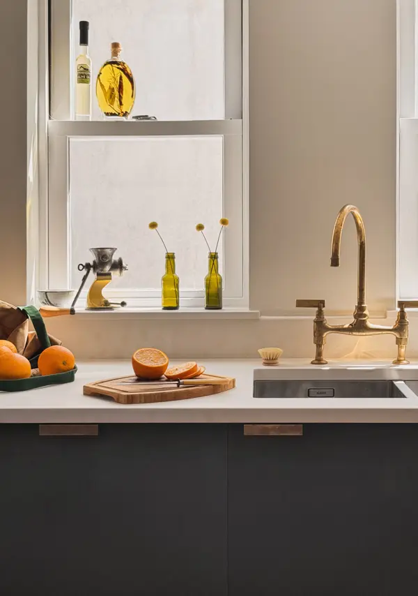 Aged brass taps and handles with Richlite kitchen cabinetry and concrete quartz worktops